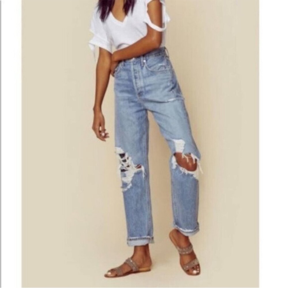 Agolde 90s Mid Rise Loose Fit Straight Distressed‎ Blown Out Knee Jeans Sz 25 - Picture 2 of 16